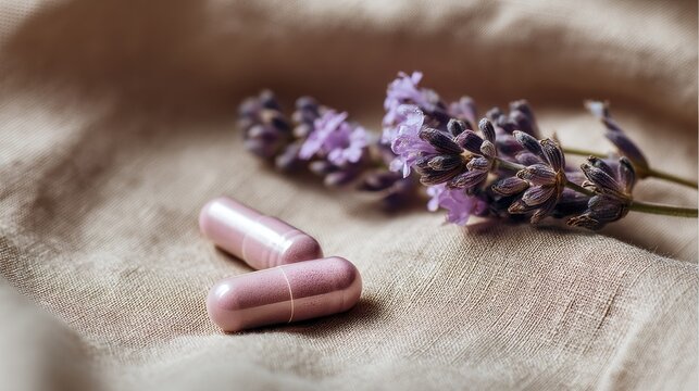 Holistic Sleep Aids: Close-up of Elegant Lavender Supplements for Better Rest