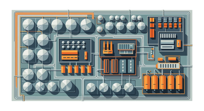 Intricate Overhead Architectural Diagram of a Contemporary Industrial Facility with Multiple Processing Units and Storage Tanks, Showcasing Manufacturing Infrastructure and Energy Production