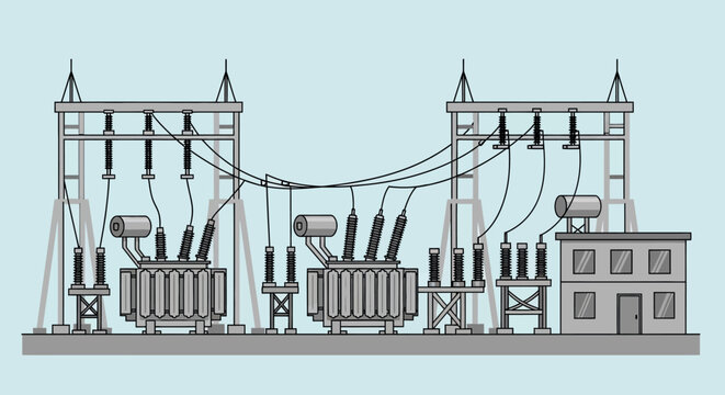 Detailed vector illustration showcasing a modern electrical power substation with high-voltage transformers, insulators, and connecting cables for energy distribution and industrial infrastructure