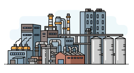 Obraz premium Modern vector illustration of an industrial factory complex, featuring various buildings, silos, and chimneys, representing manufacturing, production, and technological infrastructure