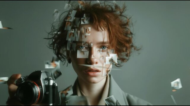 Surreal portrait of woman holding camera with flying photographs emerging from her head representing memories and creativity