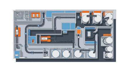 Detailed bird's-eye illustration of a modern industrial factory layout, showcasing automated production lines, storage tanks, and a streamlined processing system