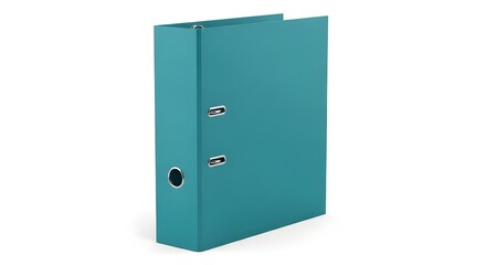 Modern teal-colored binder with metal fasteners and side handles for office organization