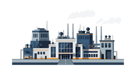 Modern industrial complex vector illustration with factory buildings, power plants, and smokestacks representing manufacturing, energy, and urban development
