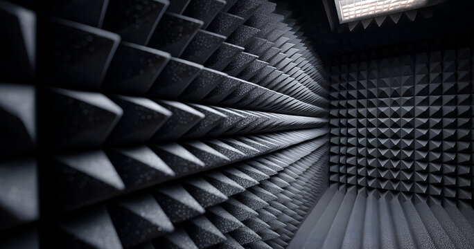 An anechoic chamber with textured walls designed for soundproofing and testing acoustics, showcasing innovative engineering.