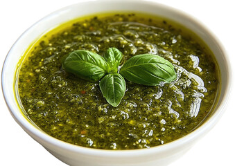Pesto in white bowl with basil garnish, vibrant green