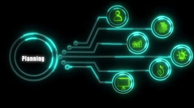 Futuristic digital HUD interface displaying glowing planning strategy with roadmap icons and business development charts for corporate project management on a black background.
