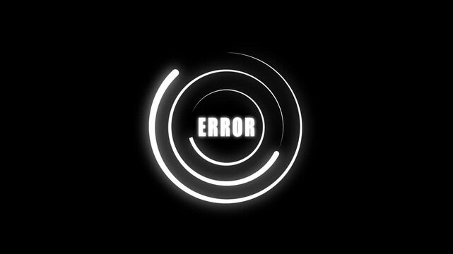 Futuristic digital HUD error message display with glowing white abstract circular loading indicators and system failure warning on dark background.
