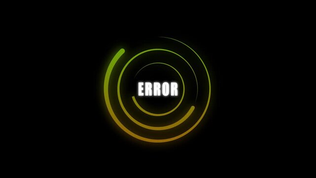 Futuristic digital HUD error message display with glowing white abstract circular loading indicators and system failure warning on dark background.
