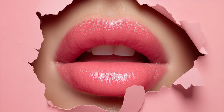 Close-up of beautifully shaped and tinted lips emerging from a pink backdrop, highlighting beauty and elegance.