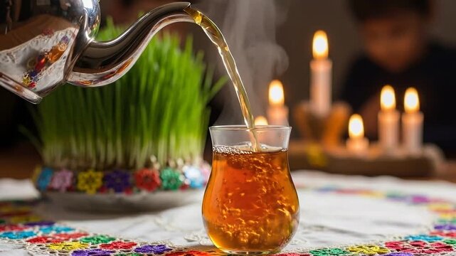 Slow motion video of pouring hot tea from silver teapot into traditional pear-shaped Armudu glass on festive Nowruz table. Steam rises from freshly pouring hot tea amidst vibrant Semeni grass,