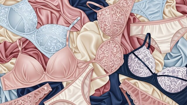 Lingerie collection featuring bras and underwear in various delicate fabrics and colors