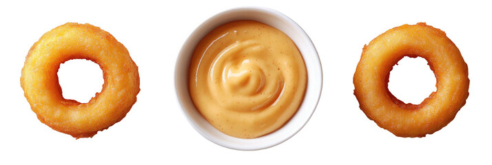 Rings with dipping sauce in a white bowl