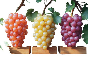 Three grape bunches, orange, yellow, purple, on wood