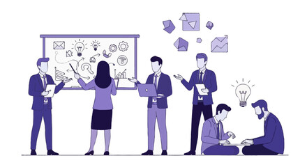 Fototapeta premium Flat vector illustration of professional business people brainstorming innovation ideas, tech activity