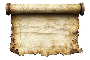 Aged, tattered scroll with wooden ends on black background