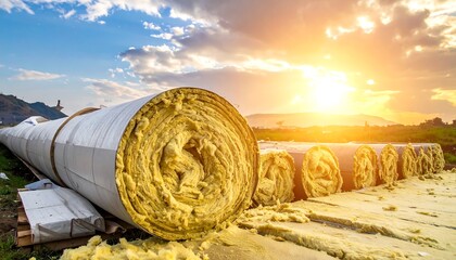 Insulation rolls outdoors under a bright sky with warm sunlight