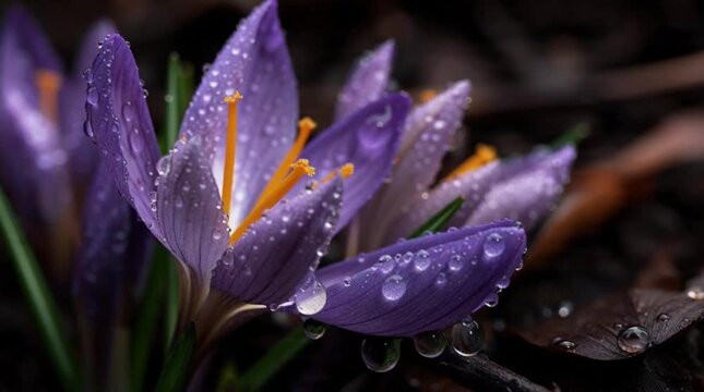 A vibrant macro closeup reveals the natural beauty of purple spring crocus flowers blooming in a garden with delicate violet petals and fresh green leaves