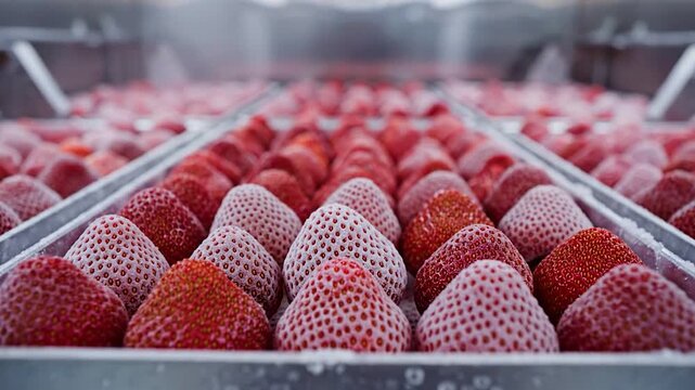 Rows of frozen strawberries in industrial processing fresh fruit preservation for food production close-up detail.