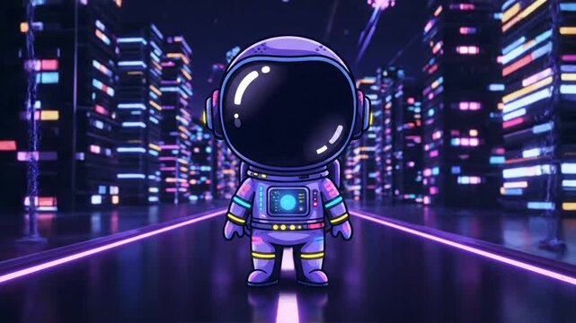 Cute Cartoon Astronaut Standing in a Neon-Lit Futuristic Cyberpunk City at Night