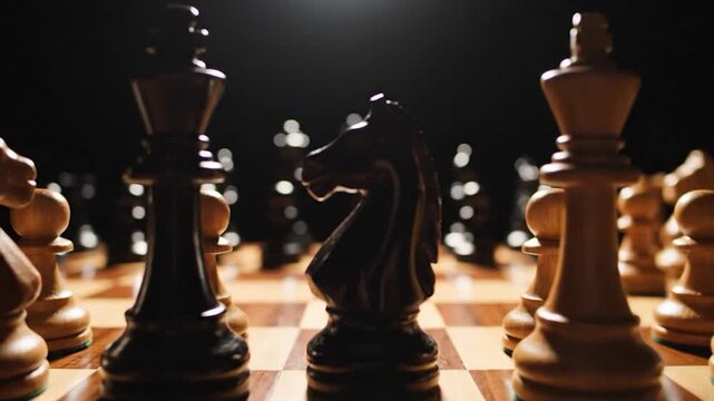 Chess game setup. Board and pieces, king and knight in focus, warm lighting and dark background