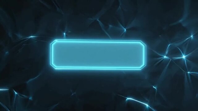 Looping 3D animation of an abstract blue neon background featuring a glowing linear frame, simple geometric design with a blank rectangular banner centered for text or logos, soft neon light edges