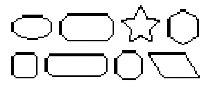 Set of black pixel text boxes. Empty pixilated frames collection. Retro 8 bit border shapes pack for speech chat bubble, message cloud, communication dialog, talk balloon. Vector illustration bundle