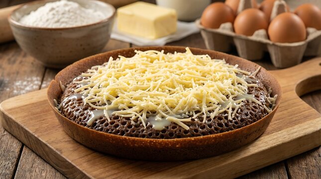 blackforest martabak manis with cheese topping. food photography with ingredients at background.