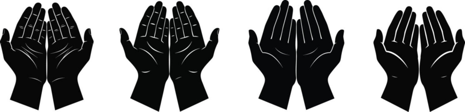 Vector illustration of four pairs of raised human hands in symmetrical praying gesture, depicted in black silhouette style on white background. Concept of worship, spirituality, devotion, and peaceful
