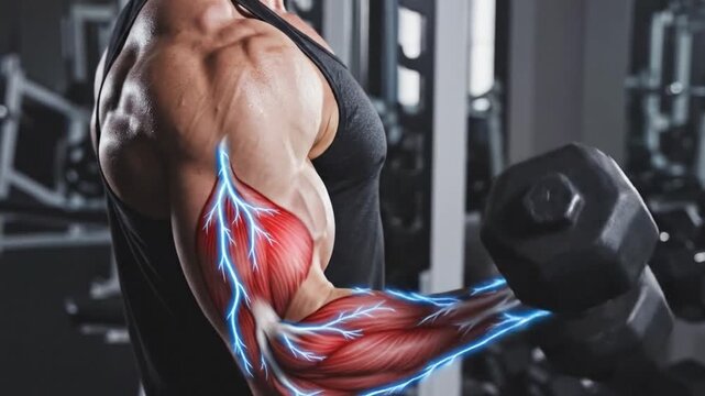 Muscular Man Lifting Dumbbell at Gym.
