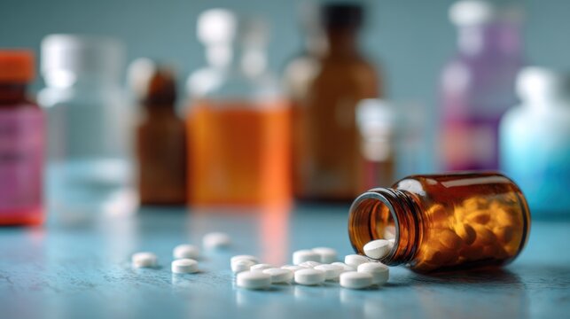 A bottle of pills spilling onto a table with a blurred background of various medication bottles.