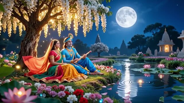 Moonlit Divine Love &mdash; Krishna Radha in Garden by Lake on Maghi Purnima, Sacred Romance Night, Spiritual Beauty Celebration