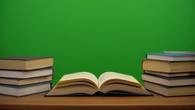 An open book rests on a wooden surface with stacks of closed books on either side, set against a vibrant green background, symbolizing knowledge and learning