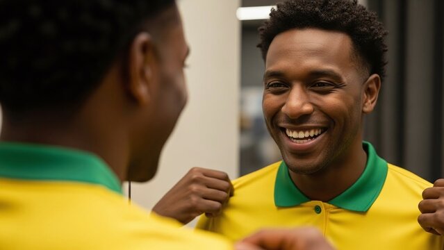 Closeup of a smiling Brazilian trying on a yellow soccer jersey in front of a mirror.