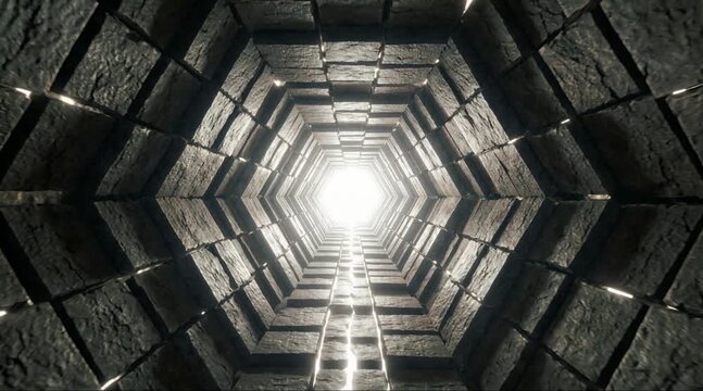 A video shows a ladder leading up to a bright light in a hexagonal tunnel made of stone blocks