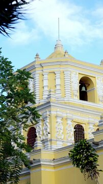 Vertical View Of Church of La Merced (Iglesia de La Merced) In Antigua Guatemala. Static Shot