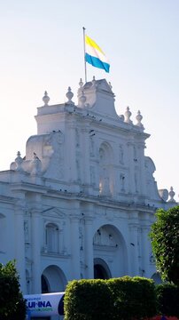 Vertical View Of Antigua Guatemala Cathedral Facade In Antigua, Guatemala. Static Shot