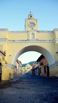 Vertical View Of 17th-century Structure Of Santa Catalina Arch In Antigua, Guatemala. Static Shot