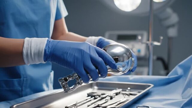 A person in surgical attire holds a shiny medical implant in an operating room