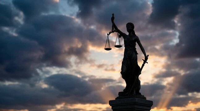 A dramatic video of a statue of justice standing tall against a vibrant sunset