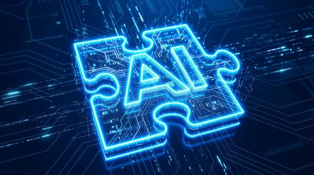 A glowing blue puzzle piece with AI written in neon lights on a dark circuit board background in this futuristic video