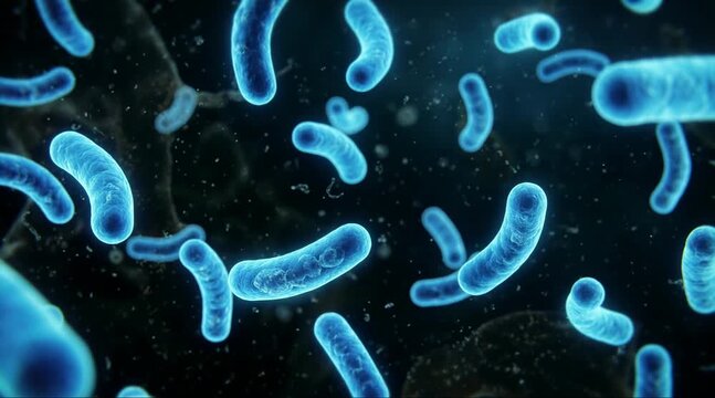 A video showcasing glowing blue bacteria under a microscope in a dark laboratory setting