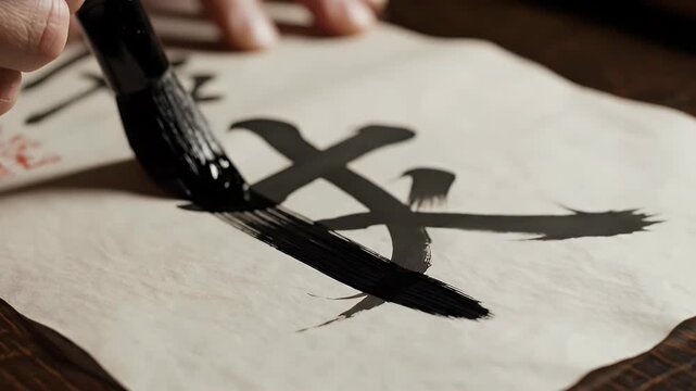 Calligraphy brush glides across textured paper with black ink