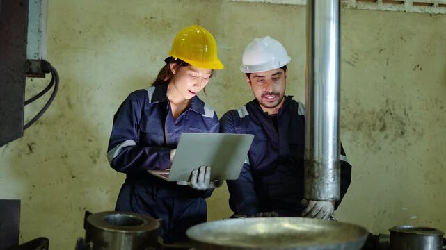 Diverse engineers man and woman in hard hats use a laptop to discuss machine maintenance and industrial production during a thorough inspection of a heavy metal factory, ensuring efficiency and safety