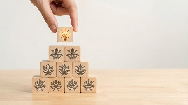 A hand places a glowing lightbulb block on a pyramid of spiderweb icons, representing finding solutions to complex, interconnected problems.