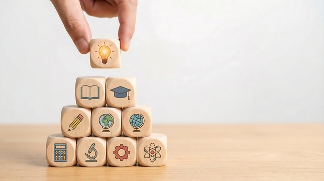 A hand carefully places a wooden block with a bright lightbulb on top of a pyramid of blocks featuring various education and learning symbols, knowledge, innovation, and academic development.