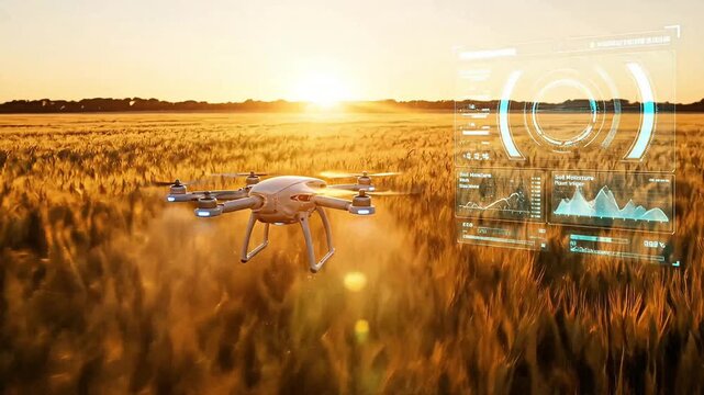 Cinematic 4K sci-fi drone spraying wheat at sunrise with digital HUD crop data overlay. Futuristic eco-farming concept.
