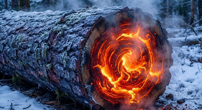 Vibrant orange flames engulf a snow covered log in a serene forest smoke rising