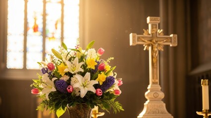 Floral arrangement graces a church altar alongside a crucifix bathed in warm sunlight elegance