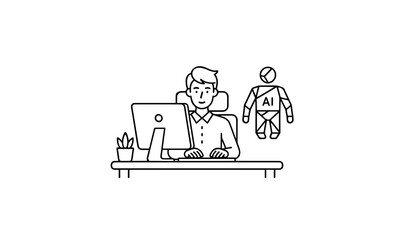 Fototapeta premium Human interacting with artificial intelligence in a modern work environment, symbolizing innovation and technological advancement in business and development